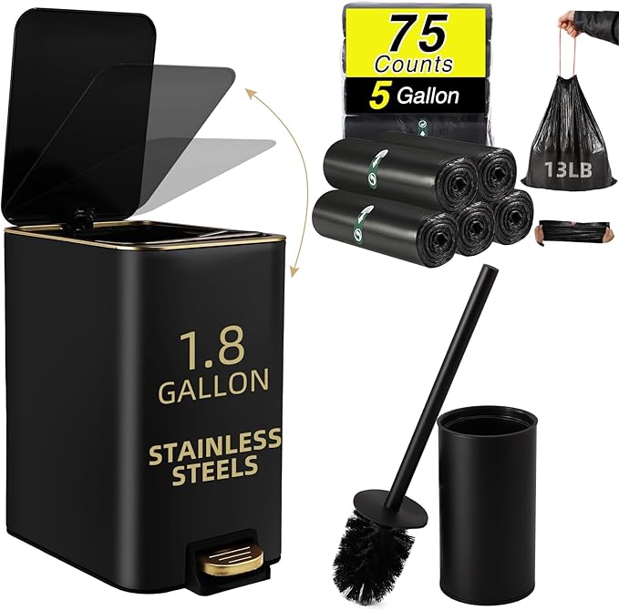 Small Bathroom Trash Can with Lid Soft Close, 1.8 Gallon Stainless Steel Garbage Can with Removable Inner Bucket,Black Toilet Brush,75Count Trash Bags, Slim Step Pedal Trash Bins
