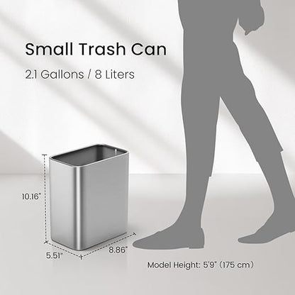 Cesun Small Bathroom Trash Can 2.1 Gallon Wastebasket, Modern Metal Garbage Can Office Waste Basket, Silver Stainless Steel Trash Bin for Bedroom, Home Office, Toilet, rv, Near Desk, Under Sink.