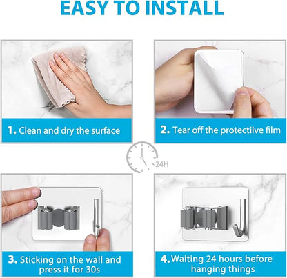 Mop Broom Holder No Drill, Mop Broom Organizer Wall Mounted Heavy Duty with Hooks Hanger, Self Adhesive Stainless Steel 6Pcs for Bathroom, Kitchen, Office (Silver)