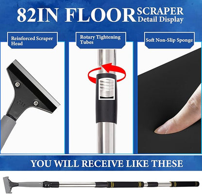 Floor Scraper Telescopic Pole,38 to 82in Heavy Duty 4Inch Razor Blade Long Handle Floor Scrapers Metal Paint Scraper with 10PCS Extra Metal Blades Paint Scraper (Gray, Telescopic 6Feet)