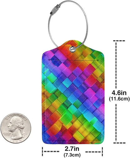 2 Pcs Colorful Geometric Luggage Tags for Suitcases, Bright Rainbow Leather Baggage Tags for Luggage with Privacy Name Address Identifiers Labels & Durable Steel Loop for Women Men Travel