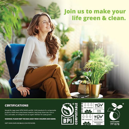 Simply Bio 1.6 Gallon Compostable Trash Bags Liners Handle, Heavy Duty Extra Thick 0.6 Mil, 6.06 Liter, 50 Bags, Small Kitchen Food Scrap Waste Bag, ASTM D6400, US BPI and OK Compost Home Certified