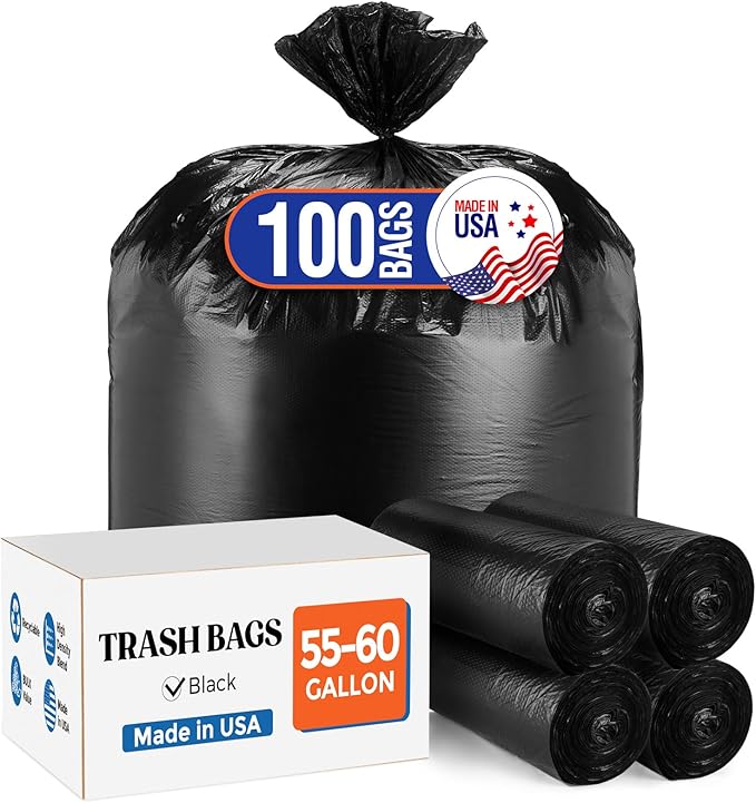 Delxo 55-60 Gallon Black Trash Bags, 100 Count – 0.9 Mil Medium Duty Garbage Bags, Thick, Durable & Puncture-Resistant Plastic, Perforated Design – Made in USA for Kitchen, Yard, Office & Party