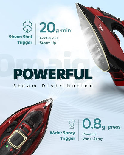 Cordless Iron for Clothes - 1500W Steam Iron with Non-Stick Ceramic Soleplate, Rapid Heating, Auto Shut Off, Burst of Steam, Self-Clean, Anti-Drip, Anti-Calc, 3 Temperature Settings, Red