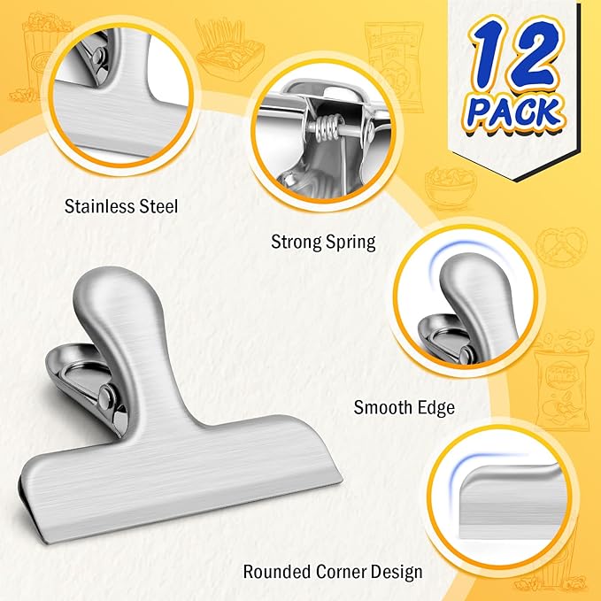 VNDUEEY 12 Pack Stainless Steel Chip Clips, Bag Clips for Food, Heavy Duty Snack Clip Metal Clip to Seal Coffee Bags, Ideal for Office and Kitchen Use, Binder Clip Large - 3 Inches, Silver