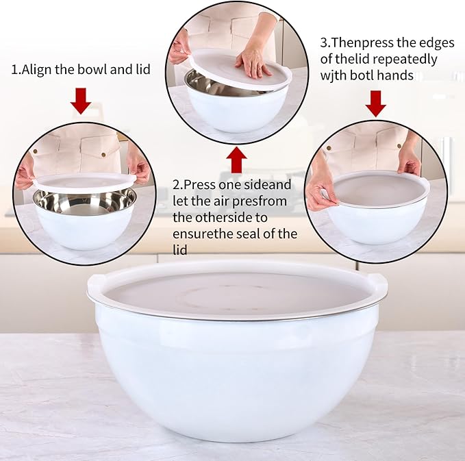 White Mixing Bowls with Lids Set of 7, Stainless Steel Nesting Bowl with Khaki Lid for Non-slip Mixing Prepping Storing Serving, 7 Sizes-7/3.6/2.7/2.1/1.5/1/0.8 QT