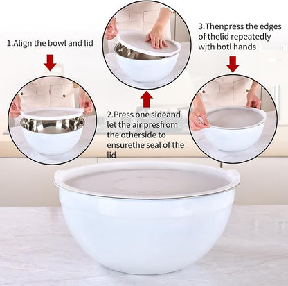 White Mixing Bowls with Lids Set of 7, Stainless Steel Nesting Bowl with Khaki Lid for Non-slip Mixing Prepping Storing Serving, 7 Sizes-7/3.6/2.7/2.1/1.5/1/0.8 QT