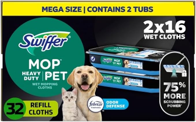 Swiffer Sweeper Pet Heavy Duty Multi-Surface Wet Cloth Refills for Floor Mopping and Cleaning, Fresh scent, 16 count, Pack of 2