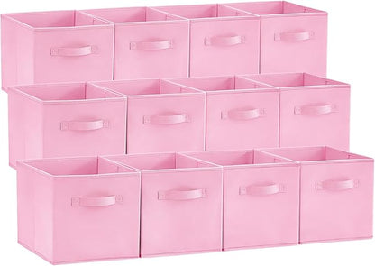 Lifewit 12 Packs Storage Cubes, 11 Inch Cube Storage Bins, Foldable Decorative Fabric Storage Baskets for Organizing Home Organizers with Handles for Shelves, Closet,Pink