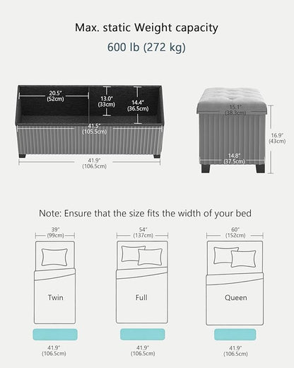 Storage Ottoman Bench, 43 Inch Foldable Ottoman with Legs, Velvet Foot Rest Stool, End of Bed Bench, Storage Chest for Living Room, Bedroom (Grey)