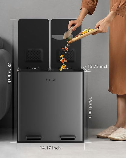 Kitchen Dual Trash Can - Double Touchless Garbage Bins 2 x 4 Gallon (2 x 15 L) with Lid, Stainless Compartment Trash and Recycle Bin Combo
