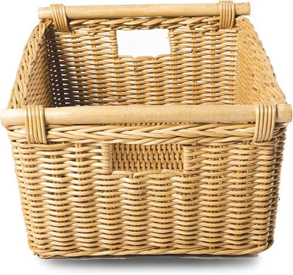 The Basket Lady Pole Handle Wicker Storage Basket, Small, 14 in L x 10 in W x 7.5 in H, Sandstone