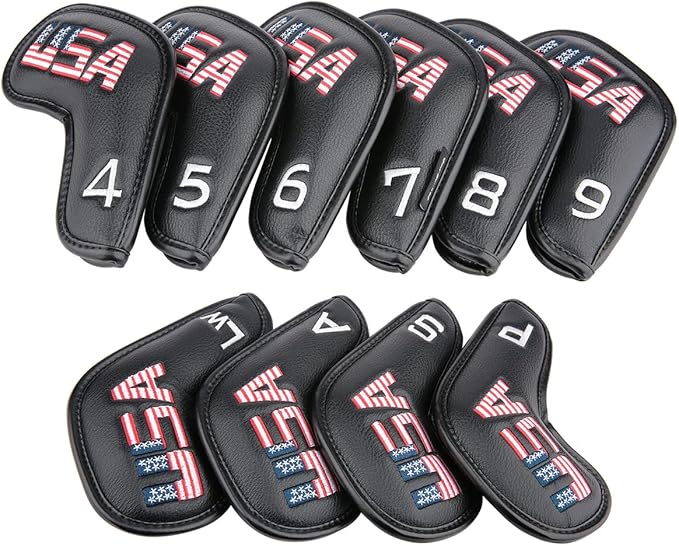 Golf Builder Black Leather USA Golf Club Iron Wedge Head Covers Fit All Brands