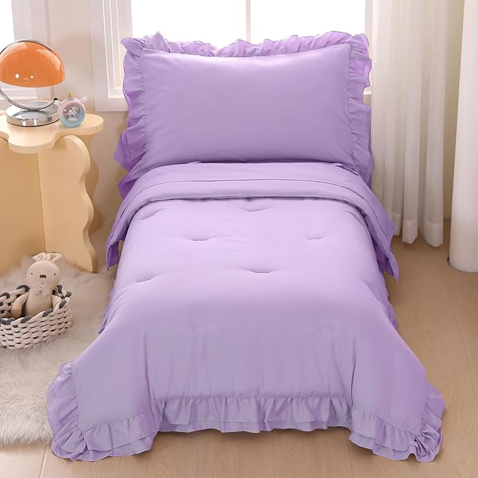 Wowelife 4 Pieces Toddler Bedding Set for Girls, Double Ruffles Comforter Sets Lavender Purple, Cozy and Comfortable Bedding Set Includes Comforter, Fitted Sheet, Flat Top Sheet and Pillowcase