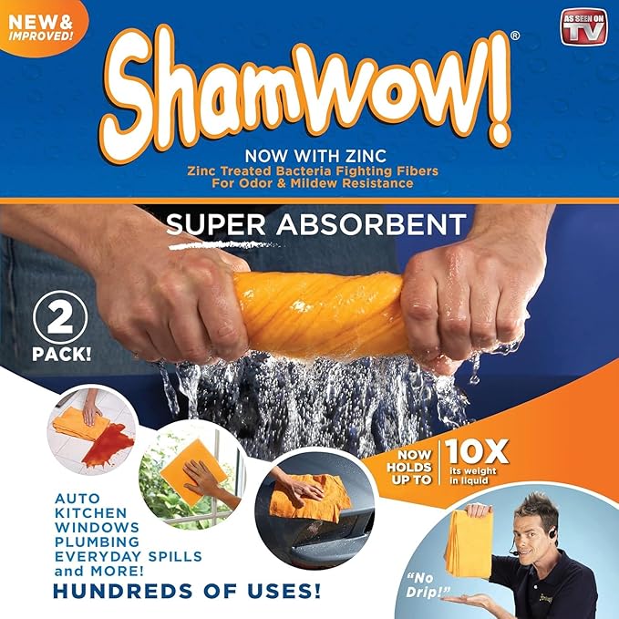 ShamWow Original Super Absorbent Multi-Purpose Cleaning Shammy Chamois Towel Cloth - Holds 10X its Weight in Liquid - Machine Washable - Will Not Scratch (2 Pack, Orange)