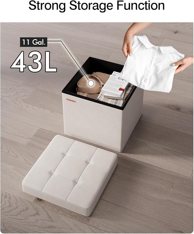 Folding Storage Ottoman, Velvet Storage Bench, Footrest, Footstool,for Living Room, Bedroom and Office,15 x 15 x 15 Inches, 300 kg Load Capacity,Cream White, UASND04W