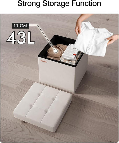 Folding Storage Ottoman, Velvet Storage Bench, Footrest, Footstool,for Living Room, Bedroom and Office,15 x 15 x 15 Inches, 300 kg Load Capacity,Cream White, UASND04W
