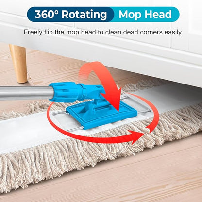 36” Commercial Dust Mop for Floor Cleaning, Industrial Dry Mop with Heavy Duty Long Handle, Large Cotton Reusable mop Head, for Cleaning Office Garage Hardwood Warehouse Factory Mall