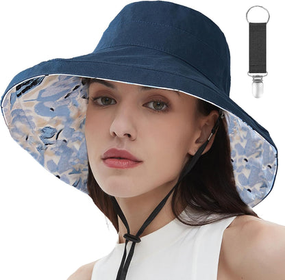 vidsel Womens Sun Hats Wide Brim Reversible Bucket Cotton Hat Packable Summer Travel Cap with Hat Clip,UV Protection