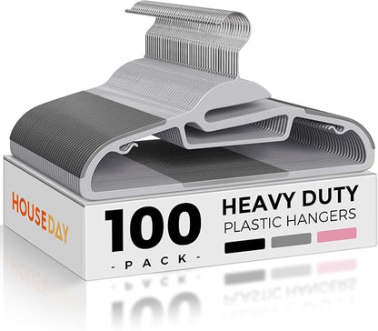 HOUSE DAY Heavy Duty Plastic Hangers 100 Pack, Grey Slim Clothes Hangers Space Saving, Durable S-Shaped Non Slip Coat Hangers with Rubber Pads, 360° Swivel Hook, Ideal for for Shirt, Suit, Pant, Skirt