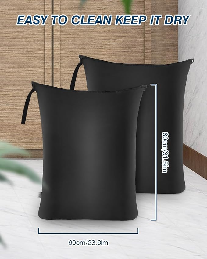 OTraki 2Pcs Large Laundry Bags 24x32 inch Wet Dry Bag Reusable Waterproof bag with Zipper Wet Clothes Blanket/Bedding/Coat/Sweater Organize Machine Washable for Home Travel Hotel Camping, Black