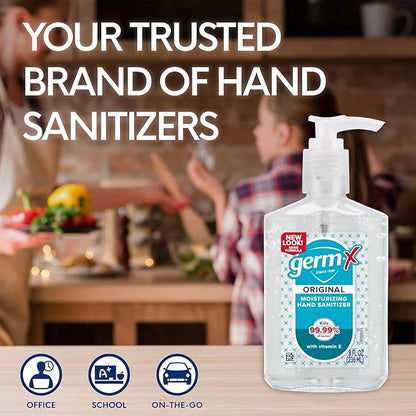 Germ-X Original Hand Sanitizer, Non-Drying Moisturizing Gel with Vitamin E, Instant and No Rinse Formula, Back to School Supplies College, 8 Fl Oz Pump Bottle (Pack of 12)