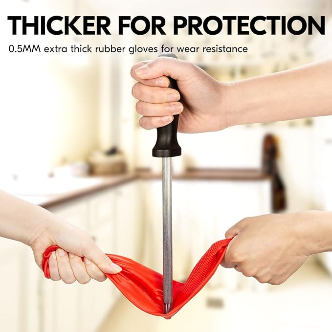 Vgo... 1-Pair Dishwashing Gloves, Reusable Household Gloves, Kitchen Gloves, Long Sleeve, Thick Latex, Cleaning, Washing, Working, Painting, Gardening, Pet Care (Size M,Red, RB2143)