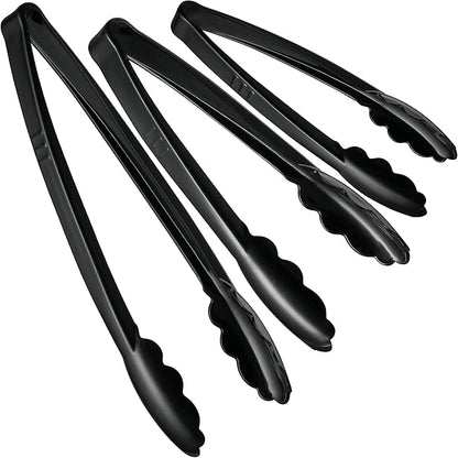 Plasticpro Heavy Duty Reusable Black Serving Tongs Combo Set - 4 Pieces (7.5'', 9'', 12'') for Kitchen, BBQ, Parties, Catering, Events, Weddings - Pack of 12