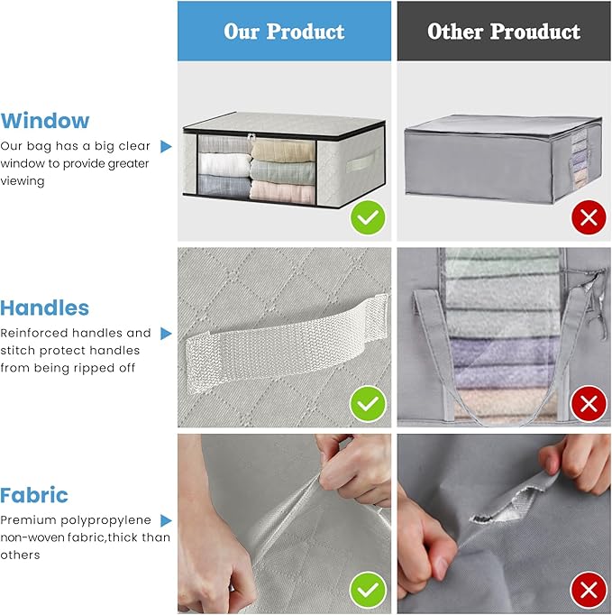 HomeHacks Storage 6-Pack Clothes Organizer Storage Bags Foldable Storage Box with Large Clear Window Sturdy Handles for Closet, Dorm, Pillows, Bedding, Clothes, Blankets, 35L, Ivory