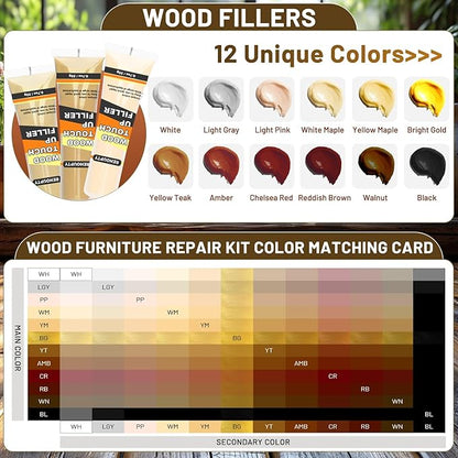 Wood Furniture Repair Kit, All-in-One Large Capacity Floor Repair Kit Include Wood Putty & 12 Colors Wood Touch Up Filler and Beeswax, Vinyl Floor Repair Kit for Scratch, Cracks, Stain, Holes