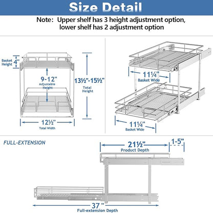 LOVMOR 2 Tier Individual Pull Out Cabinet Organizer 12½" W x 21½" D, Slide Out Kitchen Cabinet Storage Sliding Shelves