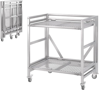2 Shelf Rolling Cart with Wheels, 660lbs Capacity Collapsible Steel Rolling Utility Cart, Heavy-Duty Foldable Hand Truck, Metal Storage Carts with Handle for Groceries, Warehouse (36" Lx26 W)