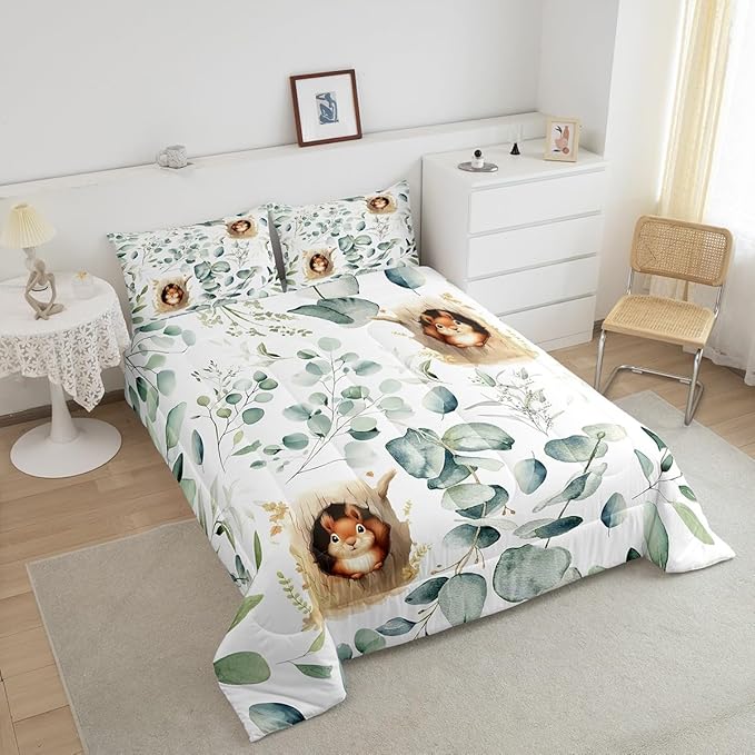 Erosebridal Kawaii Squirrel Full Comforter Set for Boys Girls Cartoon Animal Bedding Set Full, Eucalyptus Leaves Bedding Comforter Sets Jungle Wildlife Duvet Set, Tropical Plants Quilted Comforter