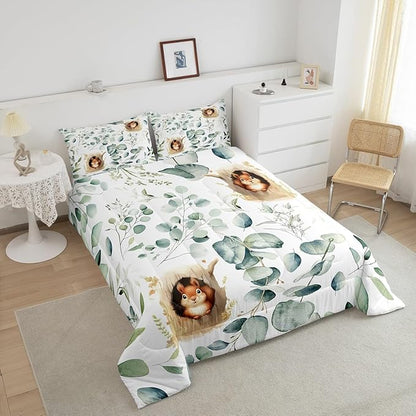 Erosebridal Kawaii Squirrel King Size Comforter Set for Boys Girls Cartoon Animal Bedding Set, Eucalyptus Leaves Down Comforter Jungle Wildlife Bed Set, Tropical Botanical Plants Quilted Duvet