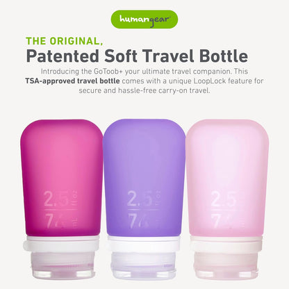 humangear GoToob+ 3-Pack (Medium) | Refillable Silicone Travel Bottle | Locking Lid | Food-Safe Material | Rose/Lilac/Magenta, Medium (2.5 fl.oz.; 74ml)