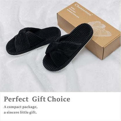 Chantomoo Slippers for Women Memory Foam House Bedroom Corduroy Bow Crossbands Slide Slipper Shoes Comfy Trendy Gift Slippers