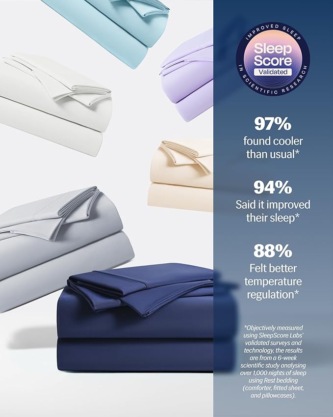 REST® Evercool®+ Cooling Sheet Set, King Size, Midnight Blue, Breathable Bed Sheets for Hot Sleeper and Night Sweats, with Pillowcases, with Ionic+ Self-Cleaning Silver Yarn for Sensitive Skin, 4PCS
