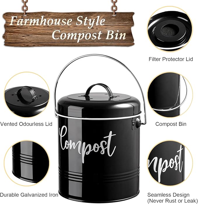 Compost Bin Kitchen, 1.3 Gallon Farmhouse Kitchen Compost Bin Countertop, Indoor Countertop Compost Bucket with Lid and Charcoal Filters, Black