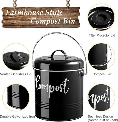 Compost Bin Kitchen, 1.3 Gallon Farmhouse Kitchen Compost Bin Countertop, Indoor Countertop Compost Bucket with Lid and Charcoal Filters, Black