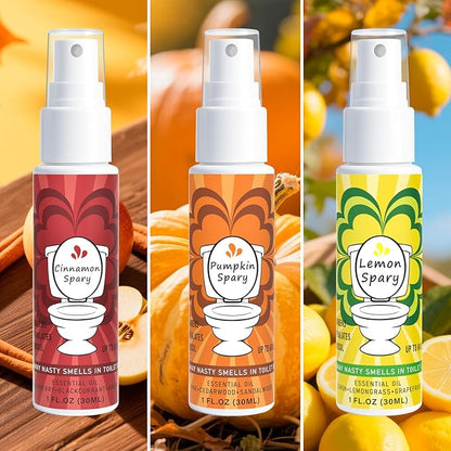 Toilet Spray for Poop 3 Pack, Travel Size Variety, Bathroom Odor Eliminator - Pumpkin Lemon Cinnamon