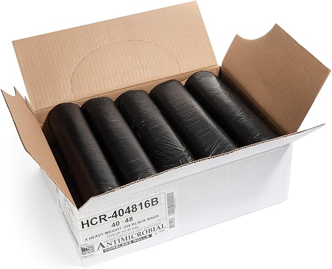 Aluf Plastics High Density Trash Bags, 45 Gallon, 250 Count, 16 Micron (eq), 40" x 48", Black, for Bathroom, Office, Industrial, Commercial, Janitorial, Municipal, Recycling