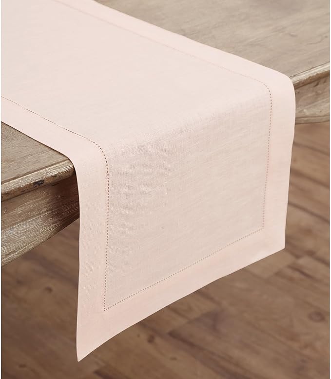 Solino Home Linen Pink Table Runner 72 Inches Long - 100% Pure Linen Hemstitch Table Runner 14 x 72 Inch for Dresser, Dining, Christmas - Classic Hemstitch
