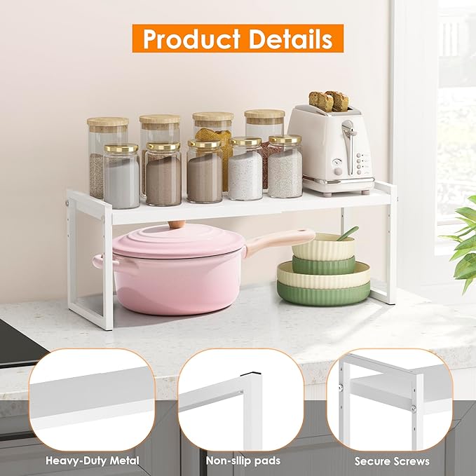 DOLALIKE Expandable Kitchen Countertop Organizer, Stackable Cabinet Shelf Organizers, Space Saving Spice Rack Pantry Storage for Bathroom Office Organization (White, 1-Tier)