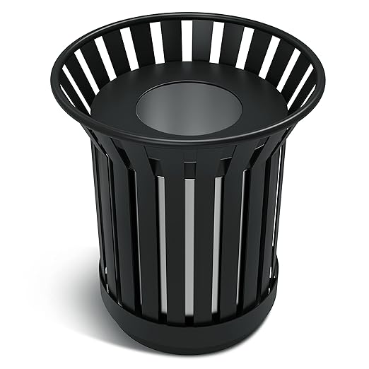 8Gallon Round Large Outdoor Trash Can, Heavy Duty Metal Slatted Garbage Can Outdoor, All Weather Resistant Commercial Garbage Cans, Waste Receptacle in Park, School, Beach, Patio (Black, Medium)