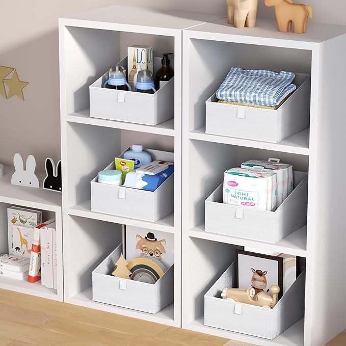 DIMJ Closet Storage Bins 6 Pack - Fabric Trapezoid Organizer Bin, Foldable Storage Baskets for Shelves, Closet Shelf Organizer, Clothing Storage Box for Toys, Books, Towel, Clothes, White