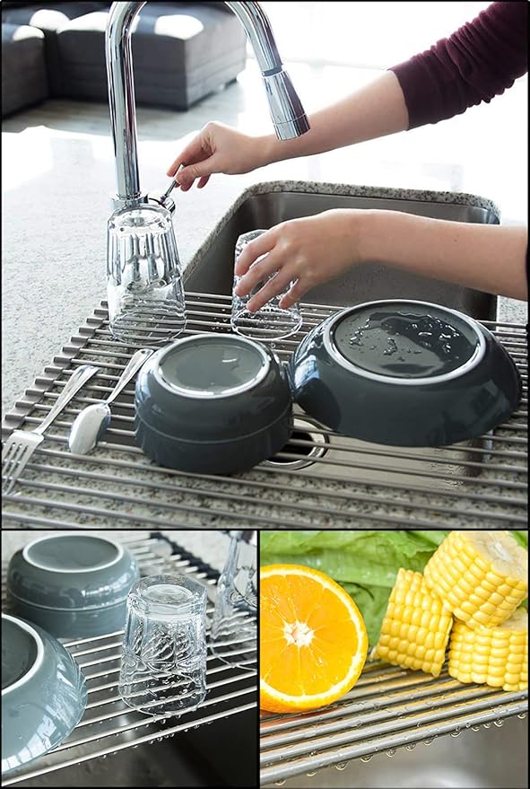 Tomorotec 17.7" x 15.5" Roll Up Dish Drying Rack Over Sink Drying Rack Sink Cover Kitchen Sink Accessories Gadget Multipurpose Organizer Foldable Stainless Steel Drainer (Grey)
