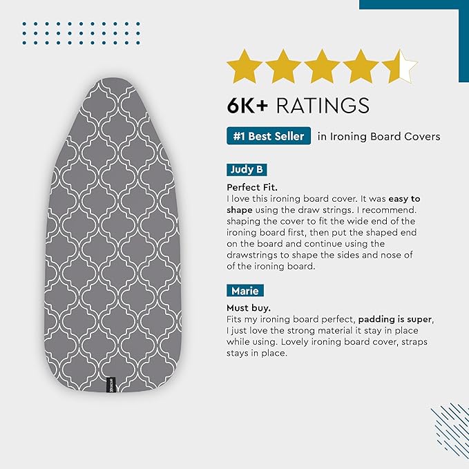 Encasa XO Ironing Board Cover and Pad 54"x15" - Thick 3mm Felt Padding, Drawstring Tightening & Lock, Easy Fit, Scorch & Stain Resistant, Fits Standard Large Ironing Board - Grey Tiles