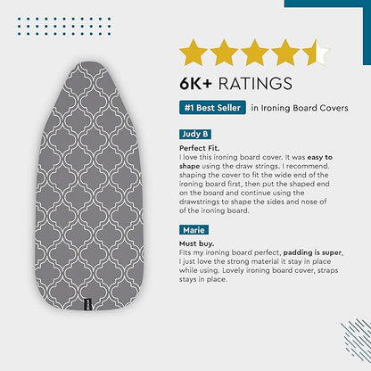 Encasa XO Ironing Board Cover and Pad 49"x18" - Thick 3mm Felt Padding, Drawstring Tightening & Lock, Easy Fit, Scorch & Stain Resistant, Fits Wide Ironing Board - Green Leaflet