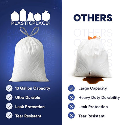 Plasticplace 13 Gallon Trash Bags │ 1.2 Mil │ White Extra-Large Drawstring Garbage Can Liners │ 24" x 31" (50 Case)