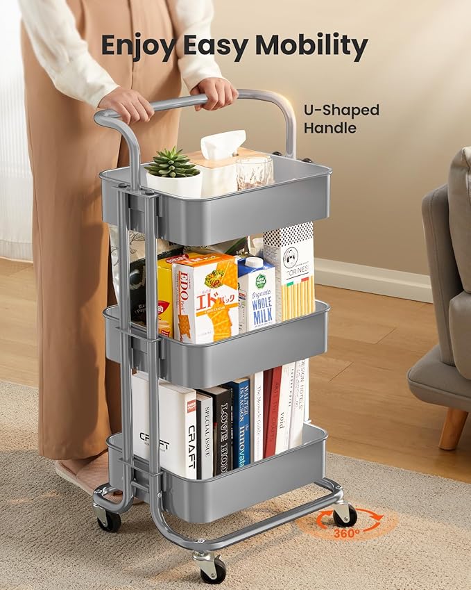 Pipishell 3 Tier Mesh Utility Cart, Rolling Metal Organization Cart with Handle and Lockable Wheels, Multifunctional Storage Shelves for Kitchen Living Room Office Grey